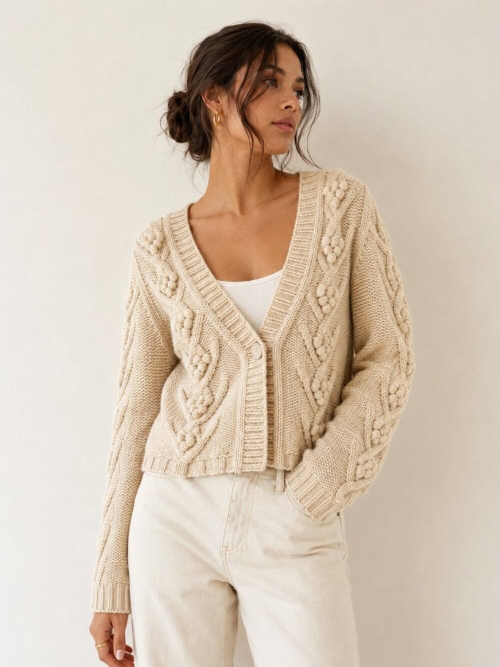 Garnet Hill Cream 100% Lambswool Bobble Cable Knit Cardigan Sweater Size Medium